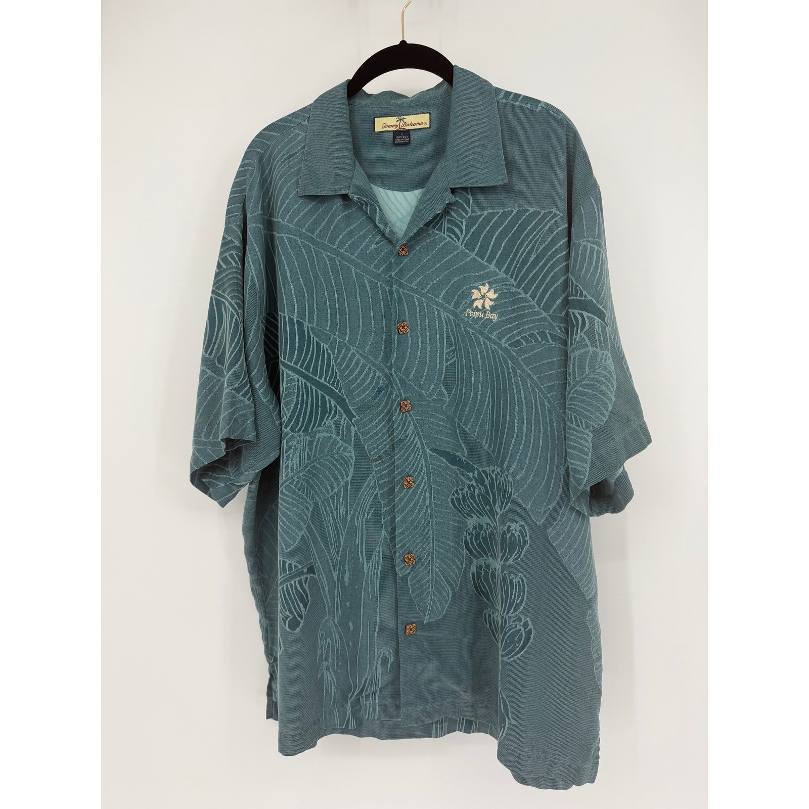 Tommy Bahama Mens Large 100% Silk Teal Poipu Bay Tropical Jacquard Camp Shirt