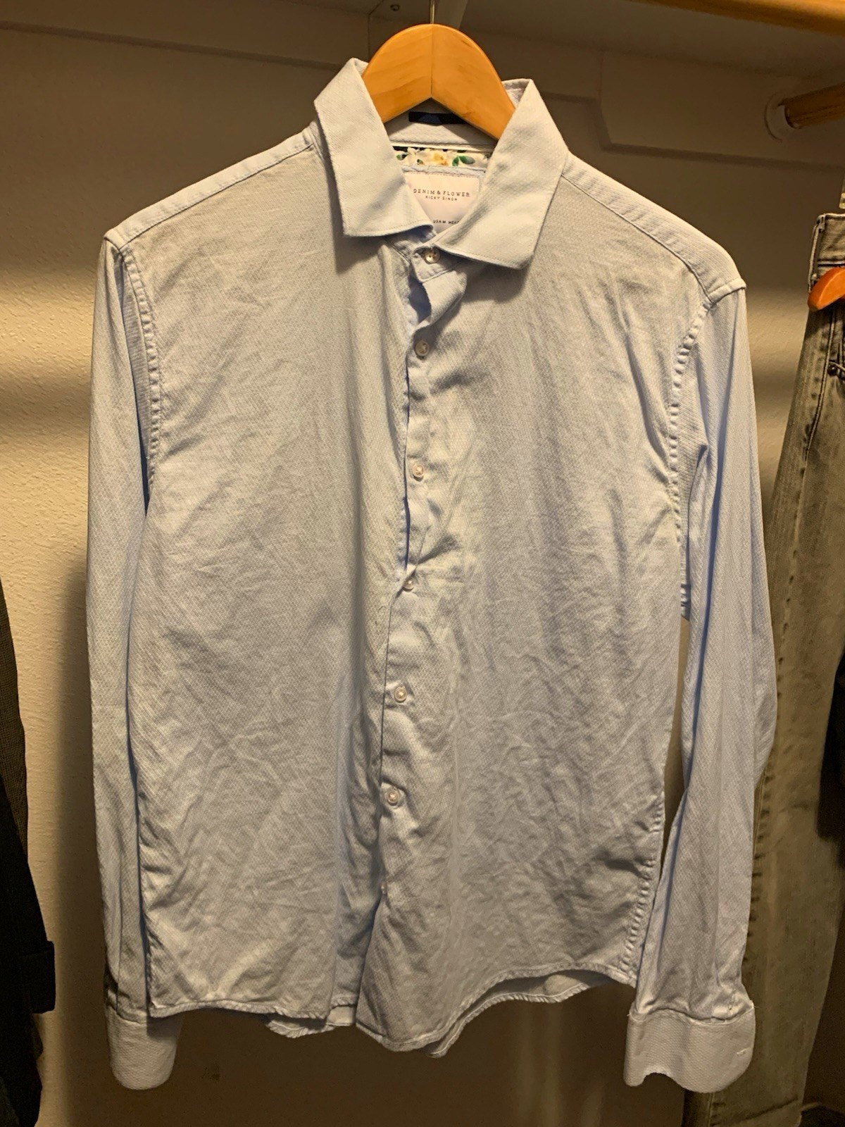 Denim & Flower Ricky Singh Light Blue Solid Woven Long Sleeve Button-Up Shirt M