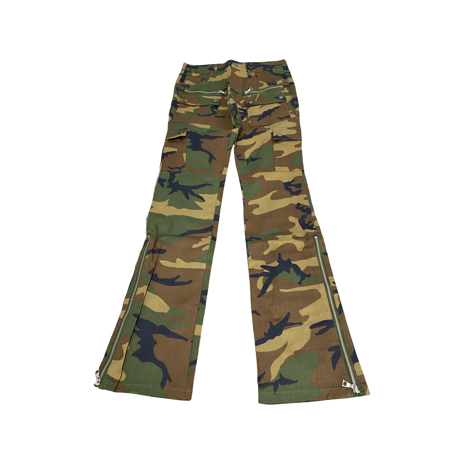 NWT Camo Cargo Flare Pants 32 Zip Military Utility Streetwear Y2K