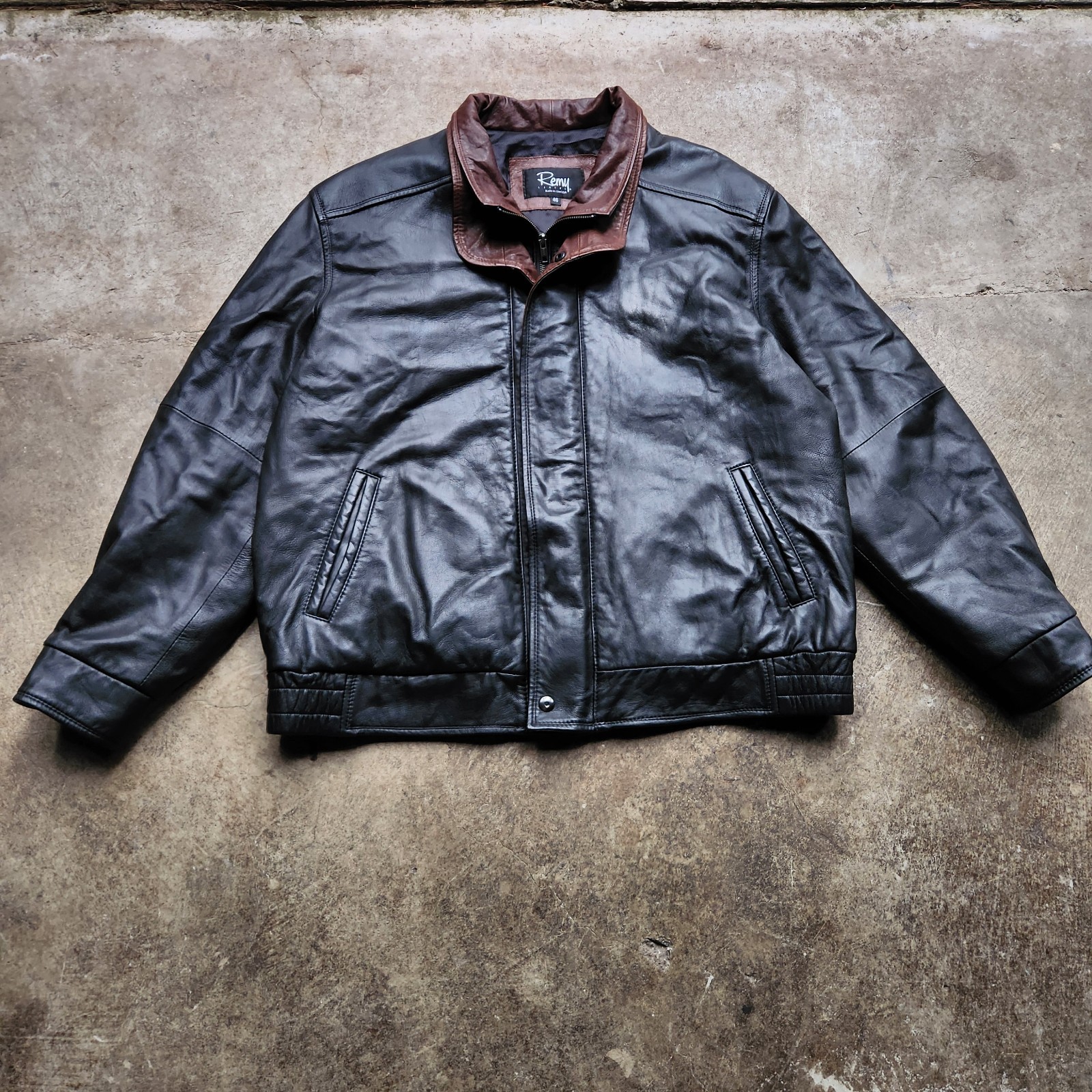 VTG Men’s Remy Leather Bomber Jacket Double Collar Brown Size 46, Made in USA