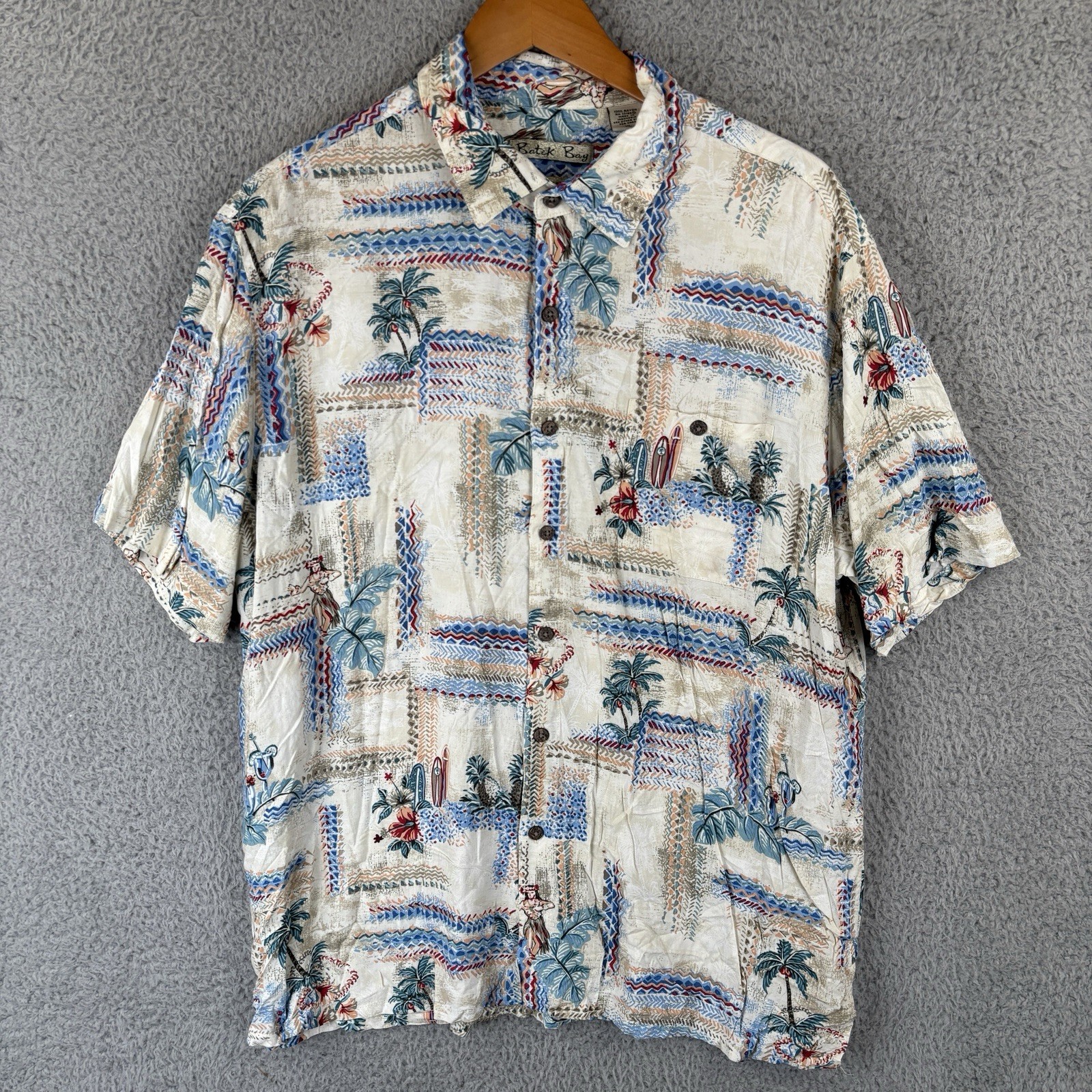 Batick Bay Hawaiian Aloha Shirt Mens XL Rayon Hula Girl Surf Board Tropical