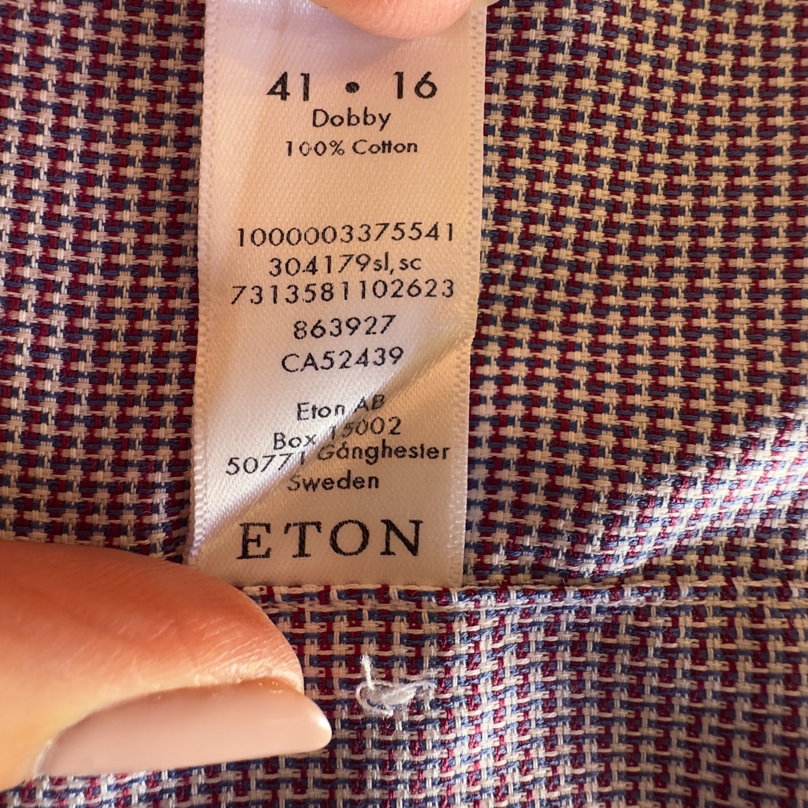 ETON Slim Fit Dress Shirt-Sz 41 16-Blue & Red Micro check-100% Dobby Cotton