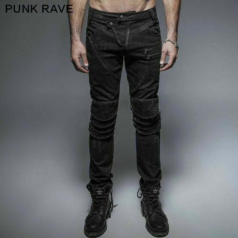 Punk Rave Gothic Visual Long Trousers Black Men’s Fitted Armor Knee Jeans Pants