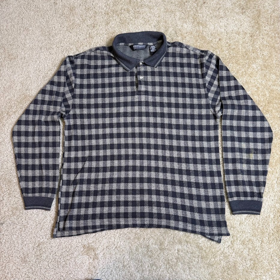 Knightsbridge Vintage Men’s Plaid Long Sleeve Gray Cotton Blend Polo Size L