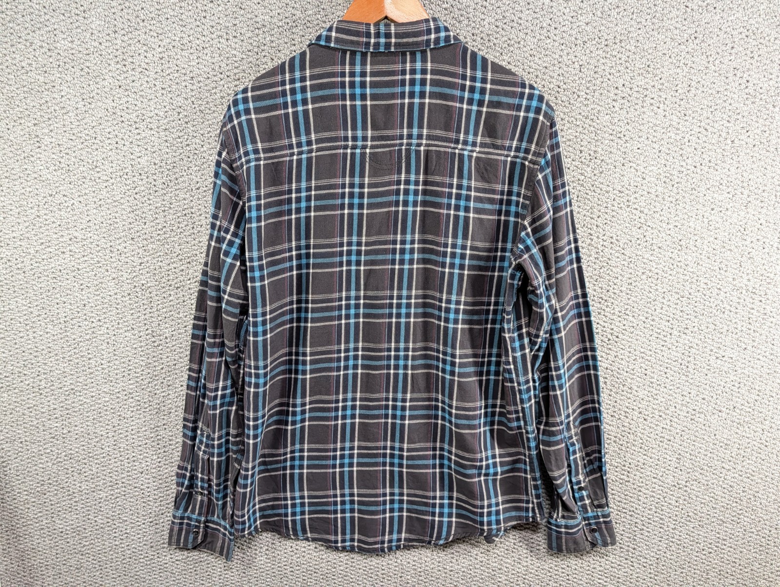 Pull & Bear Men’s Grey Blue Plaid Flannel Worker Snap Button Shirt L