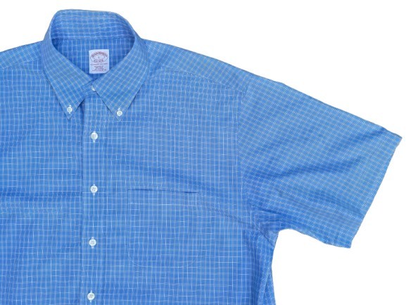 Brooks Brothers Mens L Short Sleeve Blue Plaid Cotton Button Down Shirt Non-Iron