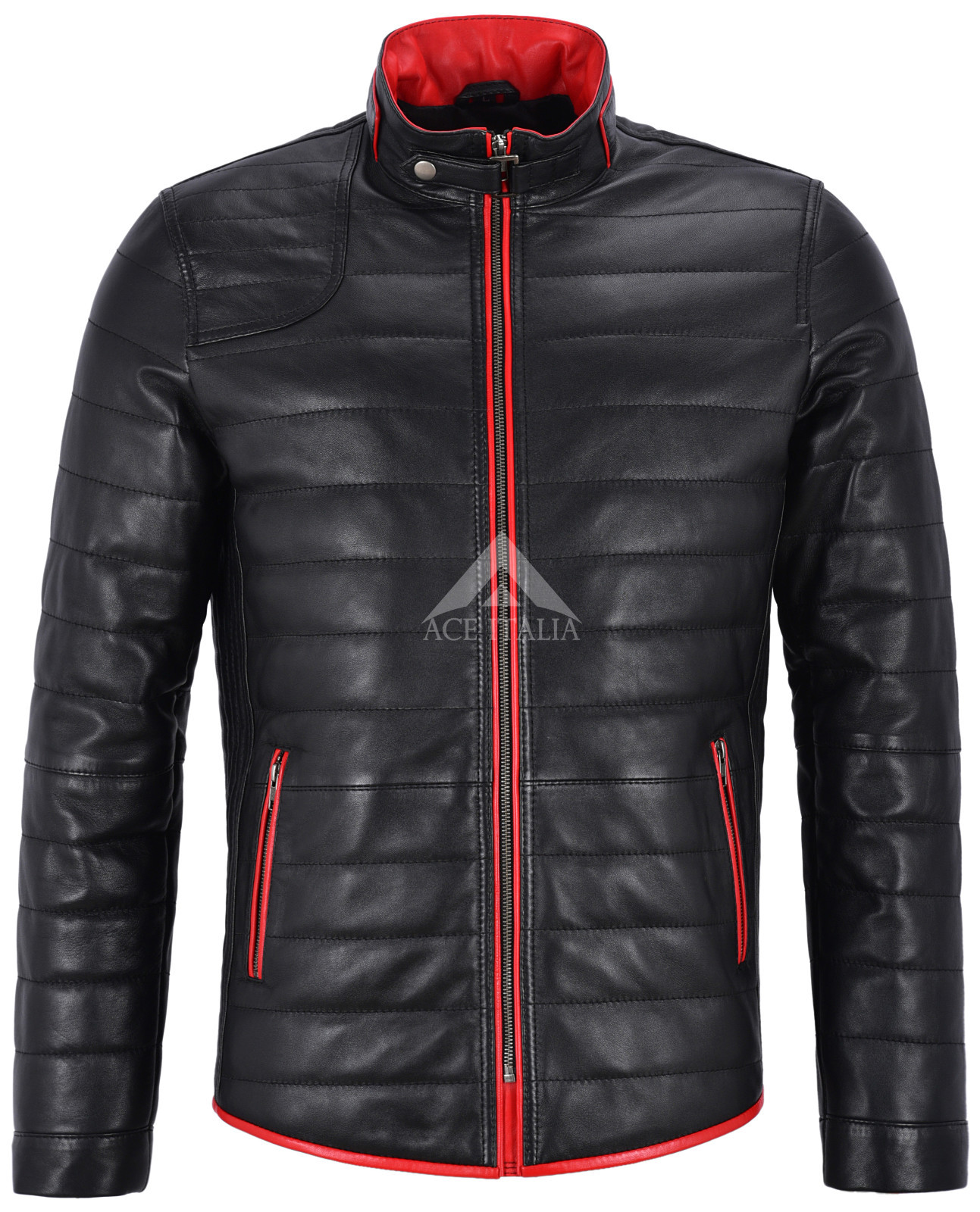 CAMILO Men Real Leather Jacket Black Quilted With Red Trimming Biker Coat 4141