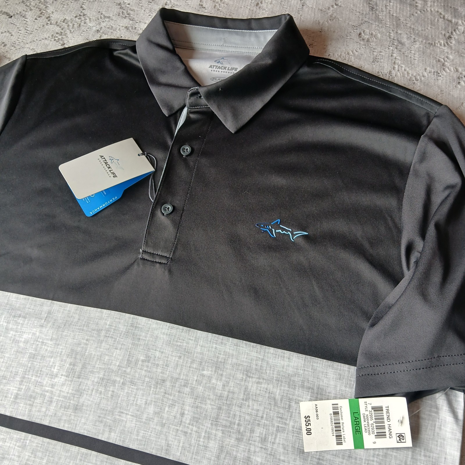 NWT Greg Norman Attack Life Polo Shirt Mens L Short Sleeve Play Dry Black Gray