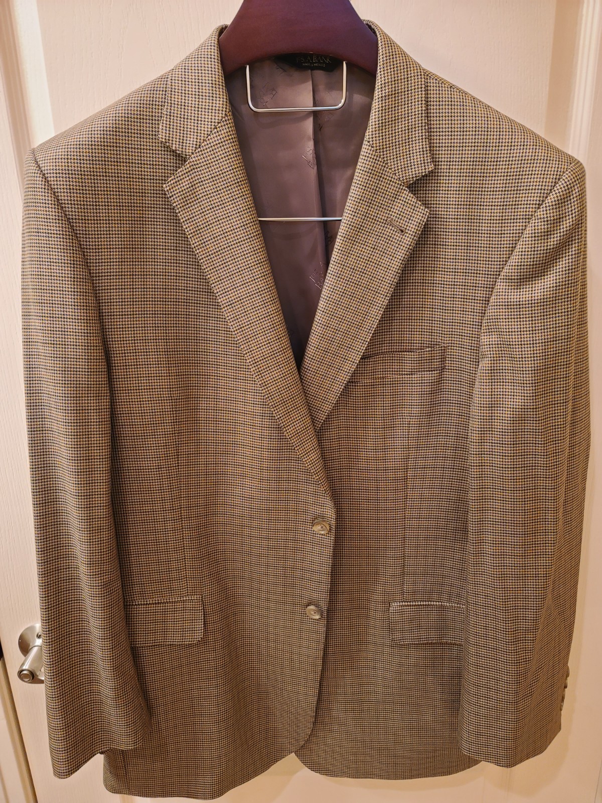 Jos A Bank Sig. Gold Sport Coat 46L Olive/Blue/Black Micro Check Silk/Wool Blend