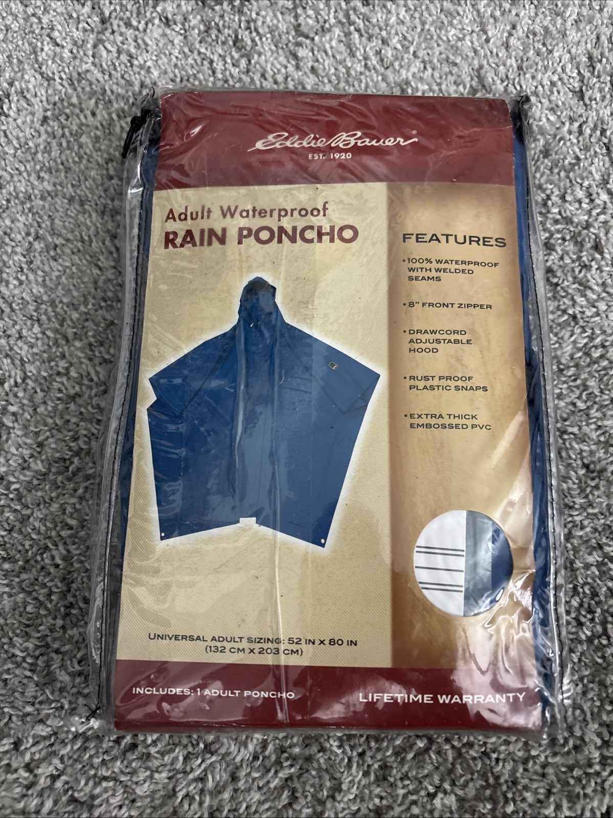 Eddie Bauer Hooded Waterproof Extra Thick PVC Rain Poncho Adult 52″ X 80″ New