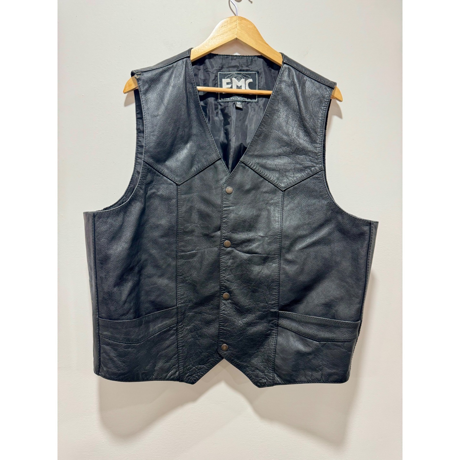 FMC First Manufacturing Co Mens Black Leather Biker Vest Size 50 M 601 Western