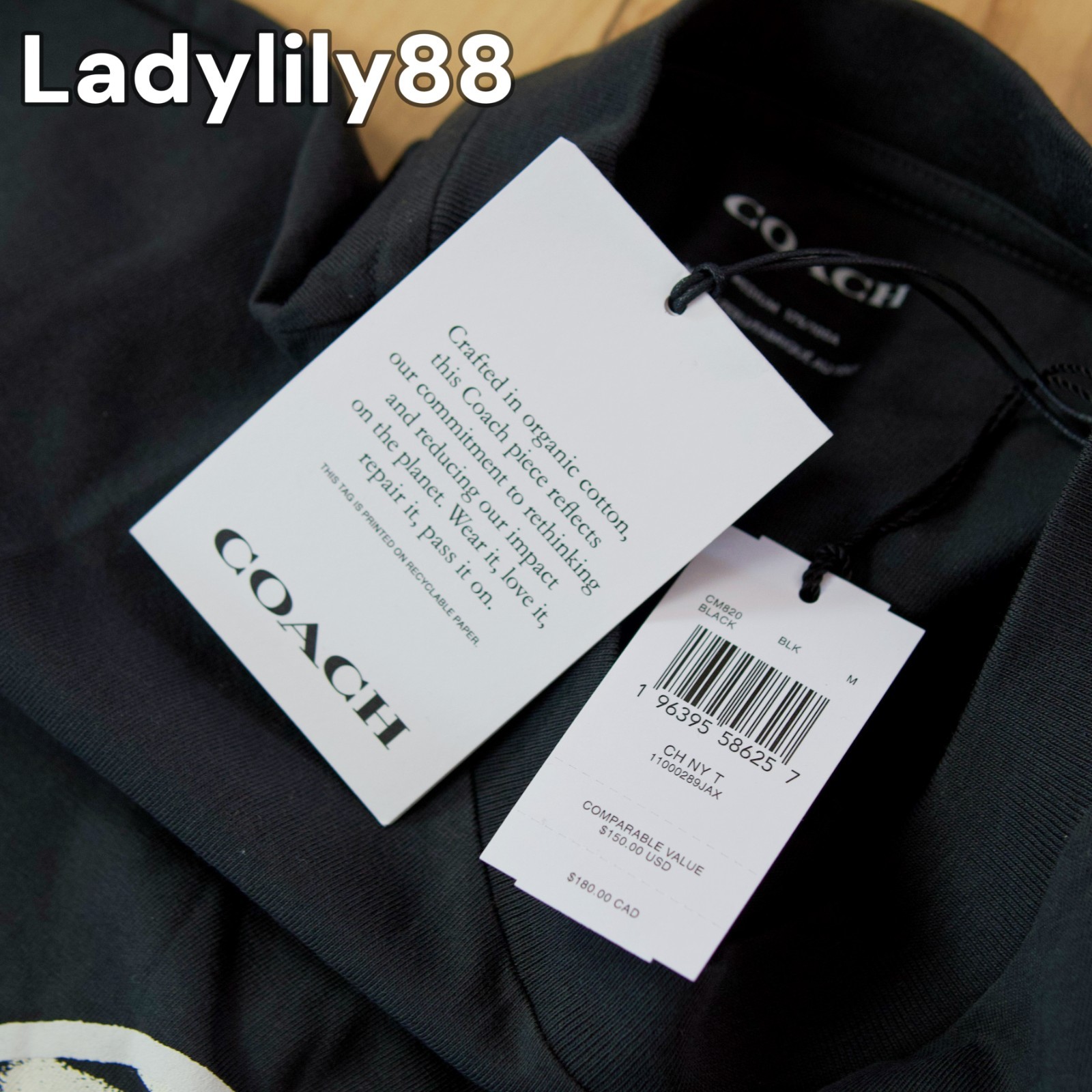 NWT Coach CM820 Signature T-Shirt In 100% Organic Cotton Black