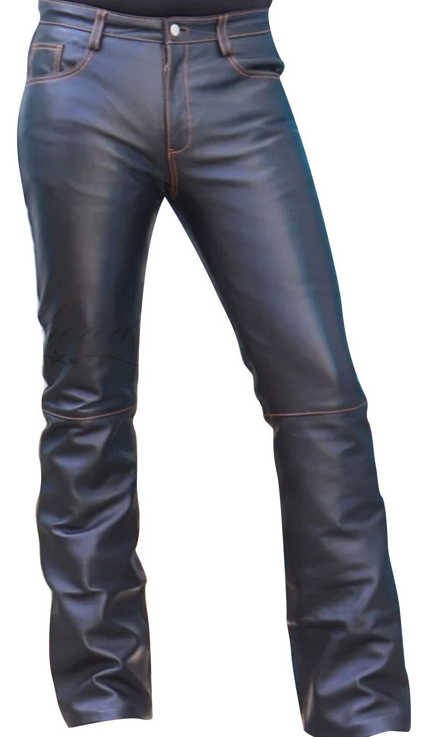 Men’s Real Lamb Leather Bootcut 5 Pockets Pants Contrast Thread Bikers Pants