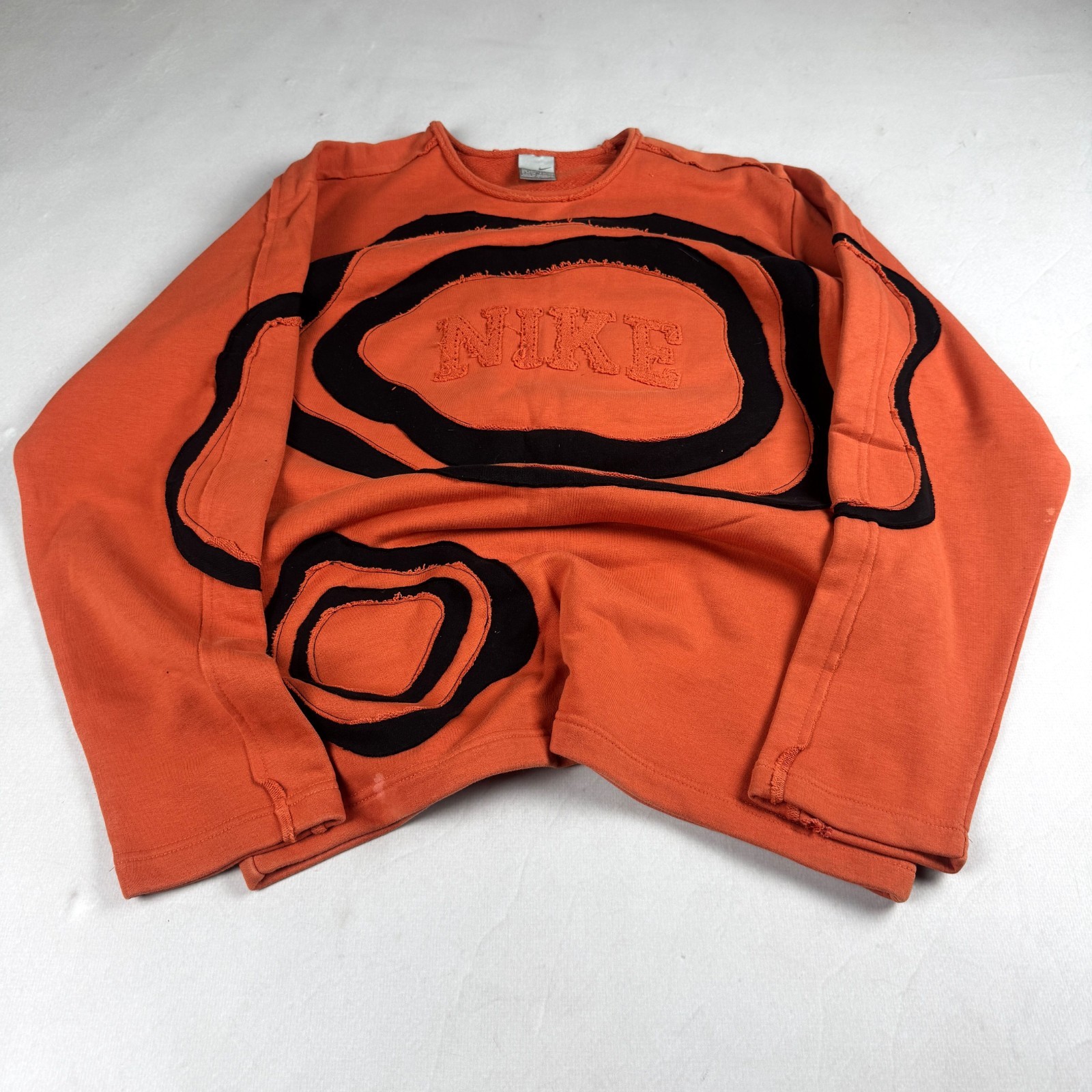 Mens Nike Y2K Abstract Applique Sweatshirt Orange Embroidered Logo Distressed