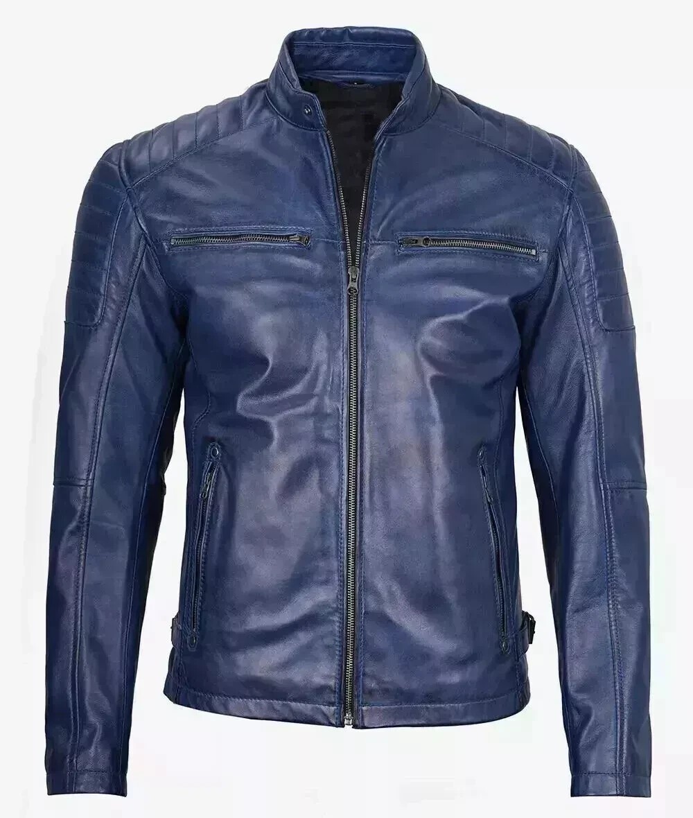 Mens Genuine Lambskin Leather Blue Cafe Racer Jacket Motorcycle Quilted Handmade
