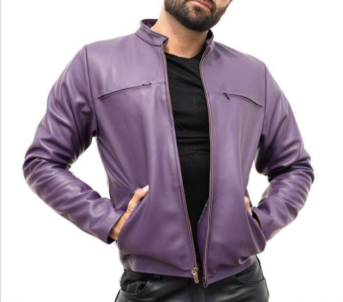Men’s Purple Lambskin Leather Cafe Racer Jacket Modern Band Collar Premium Coat