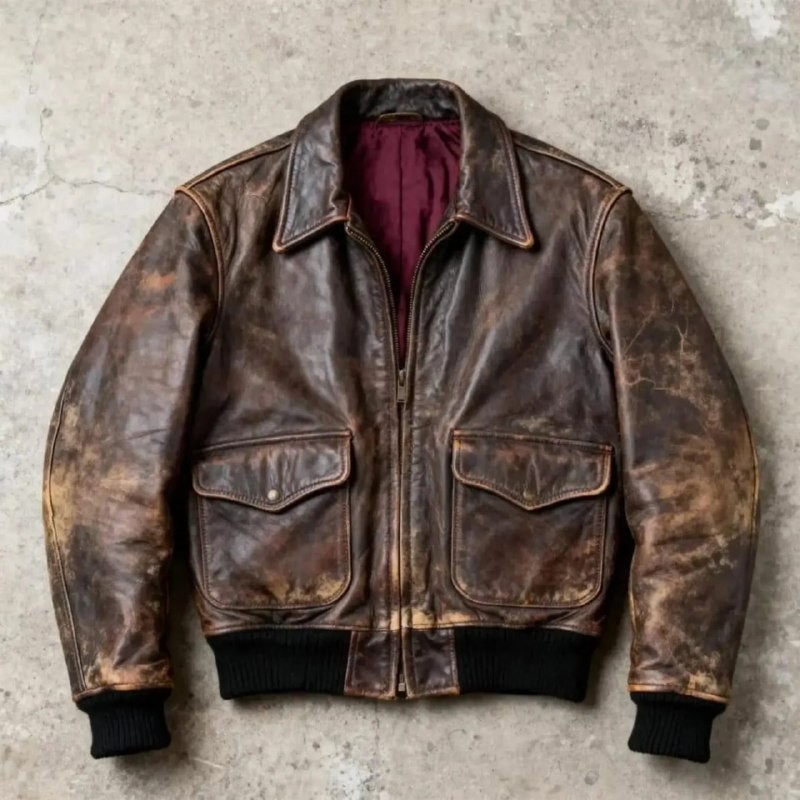 Classic Pilot Bomber Jacket Genuine Cowhide Leather Men’s Vintage Brown Zip Coat
