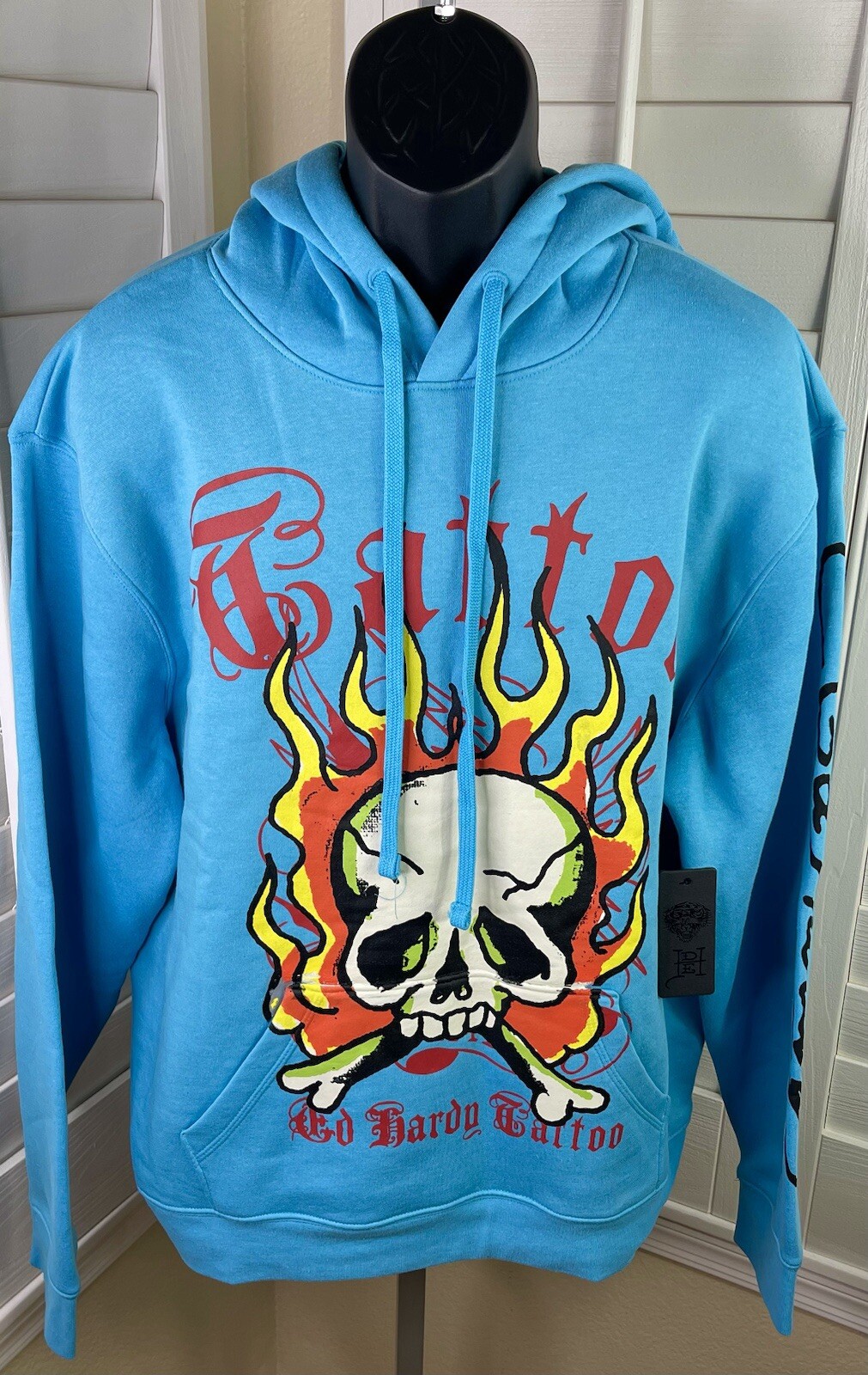 ED Hardy Burning Skull w/Flames Graphic Blue LS Pullover Hoodie – Men’s M – NWT