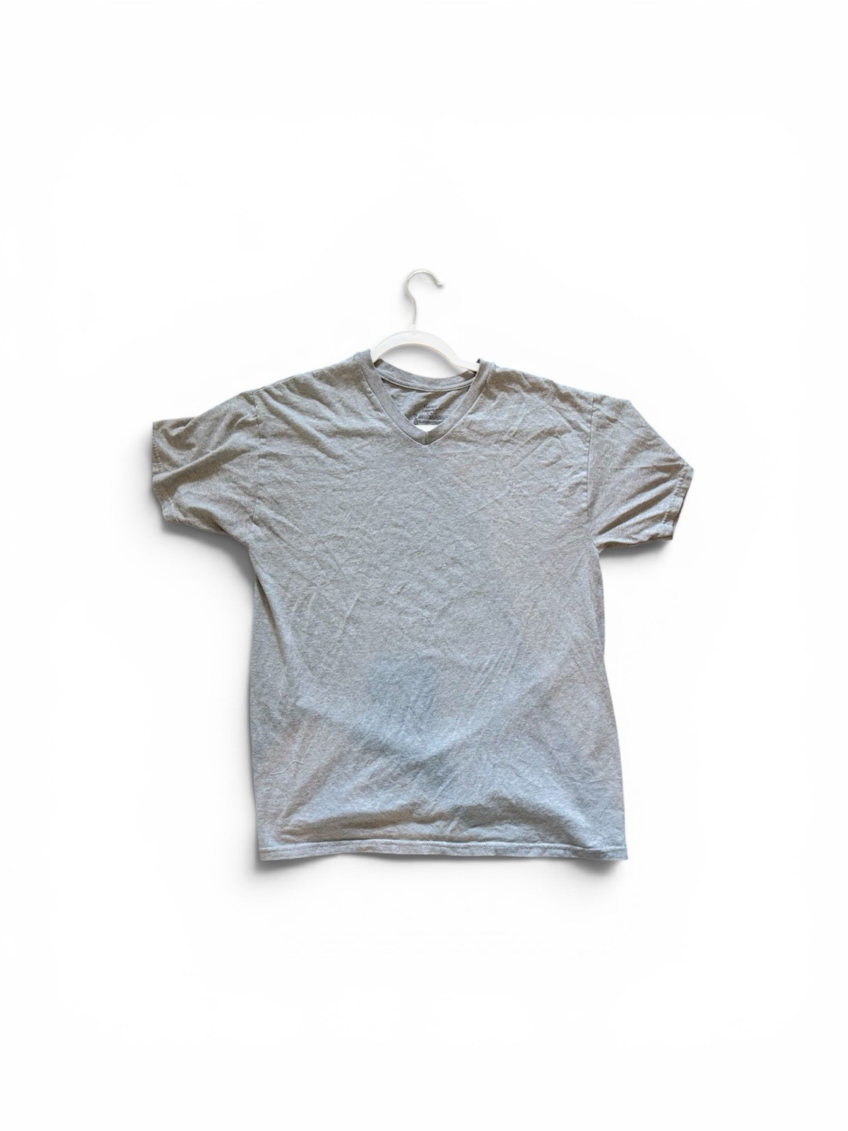 men v neck Shirt Gray Short Sleeve Blank Tee Solid Causal Size L