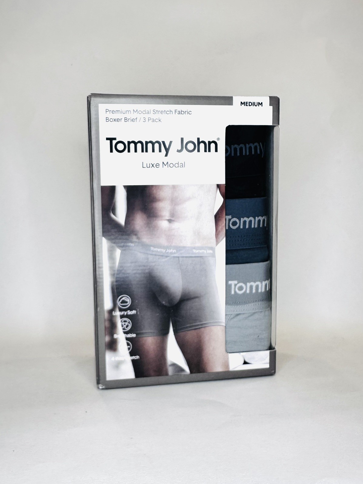 New Tommy John Men’s 3-Pack Luxe Modal Boxer Briefs, Medium Black/ Turbulence/Mo