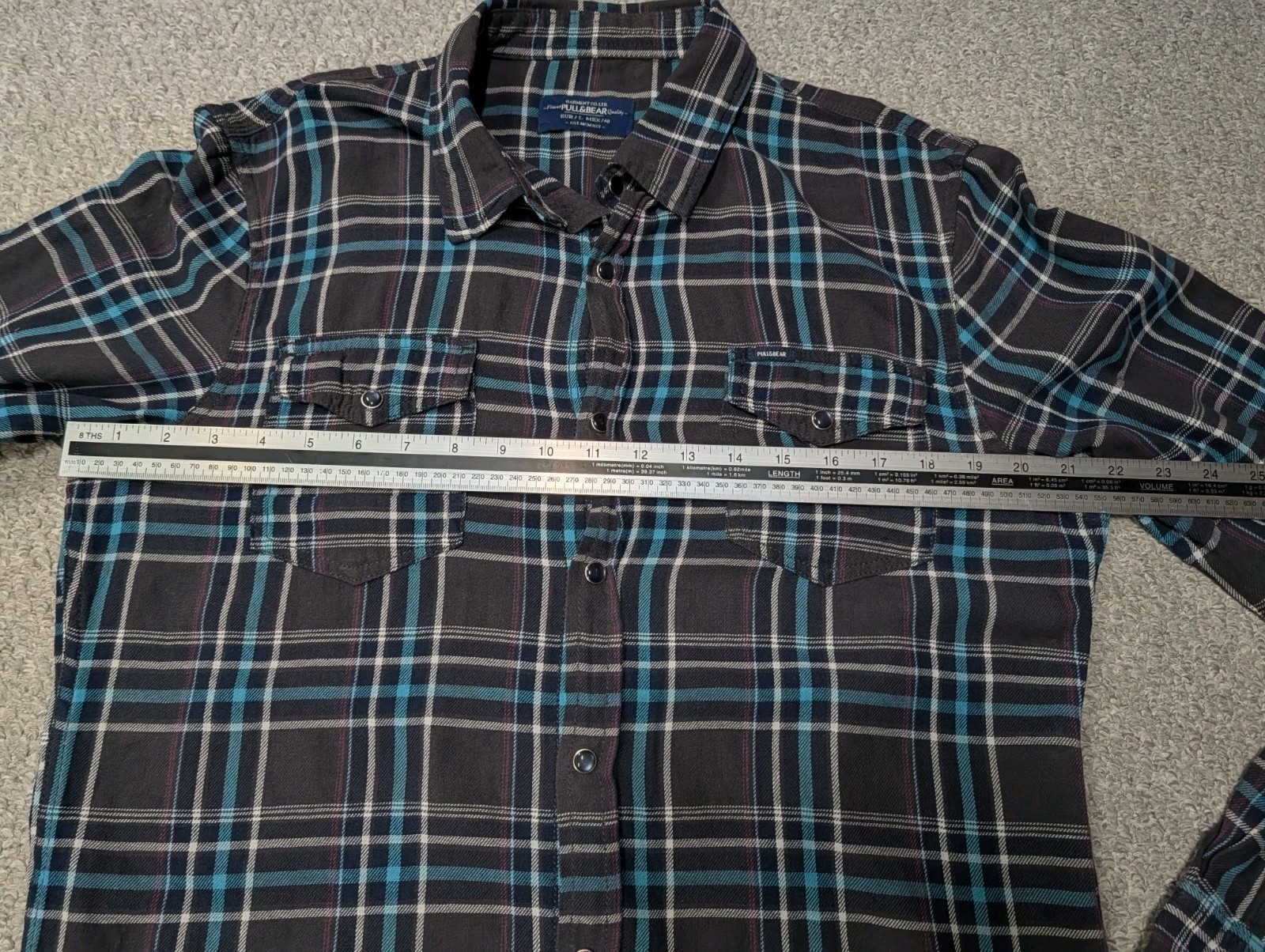 Pull & Bear Men’s Grey Blue Plaid Flannel Worker Snap Button Shirt L
