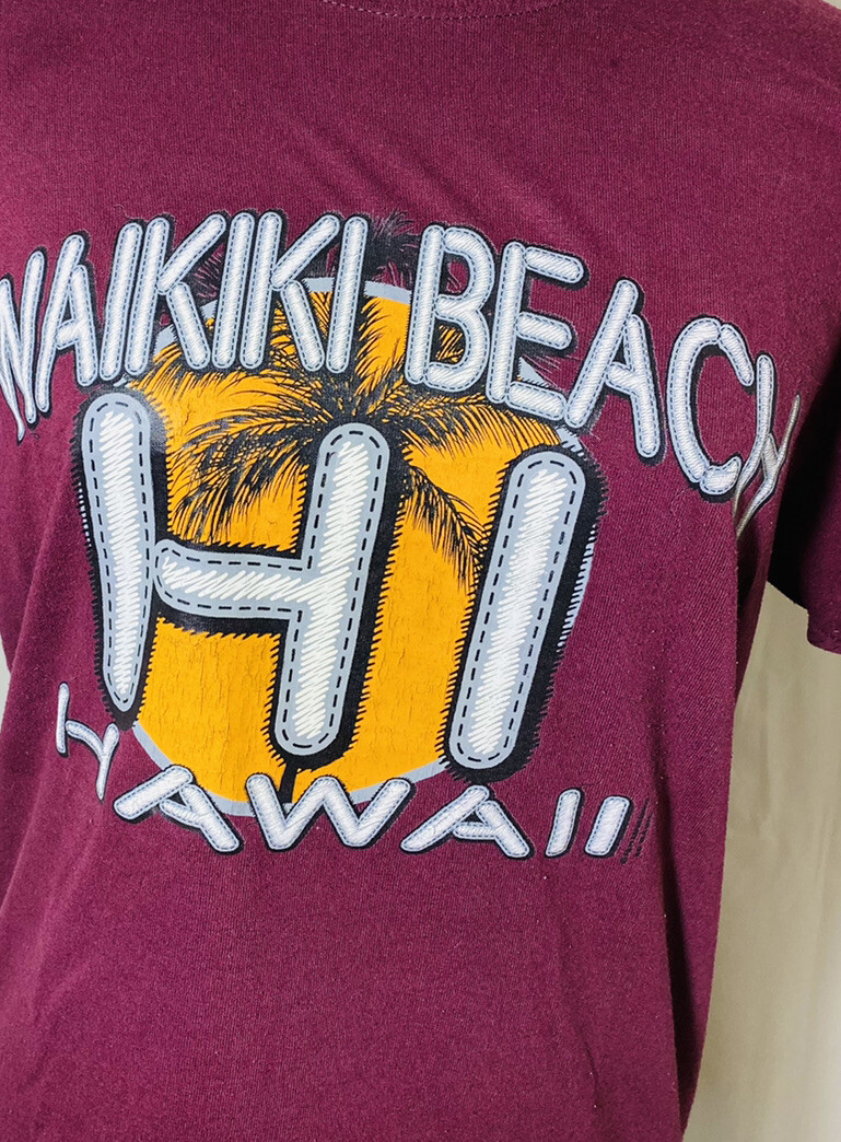 Gildan Dry Blend Waikiki Beach Hi Hawaii Graphic Burgundy T- Shirt Size S