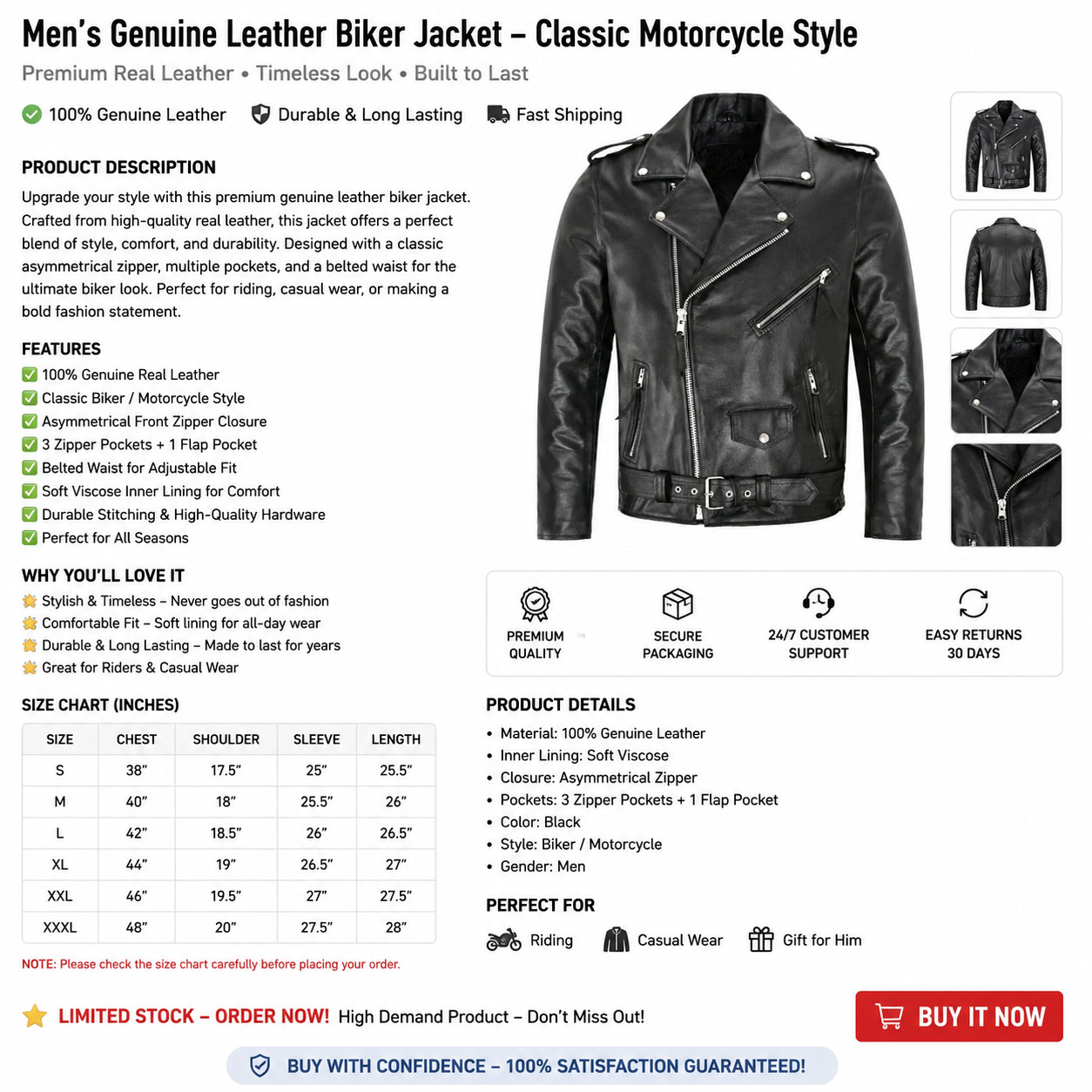 Men’s Black Genuine Leather Biker Motorcycle Jacket Classic Zip Up Coat