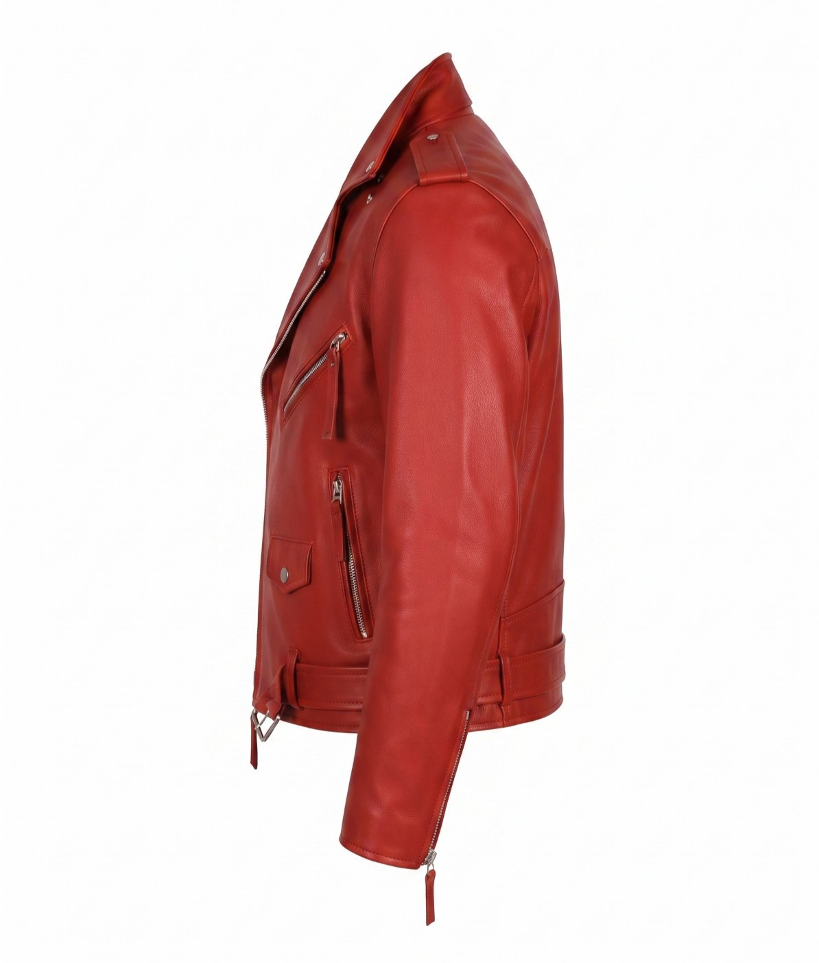Men Red Genuine Lambskin Leather Biker Jacket Motorcycle Moto Zip Belted Jacket