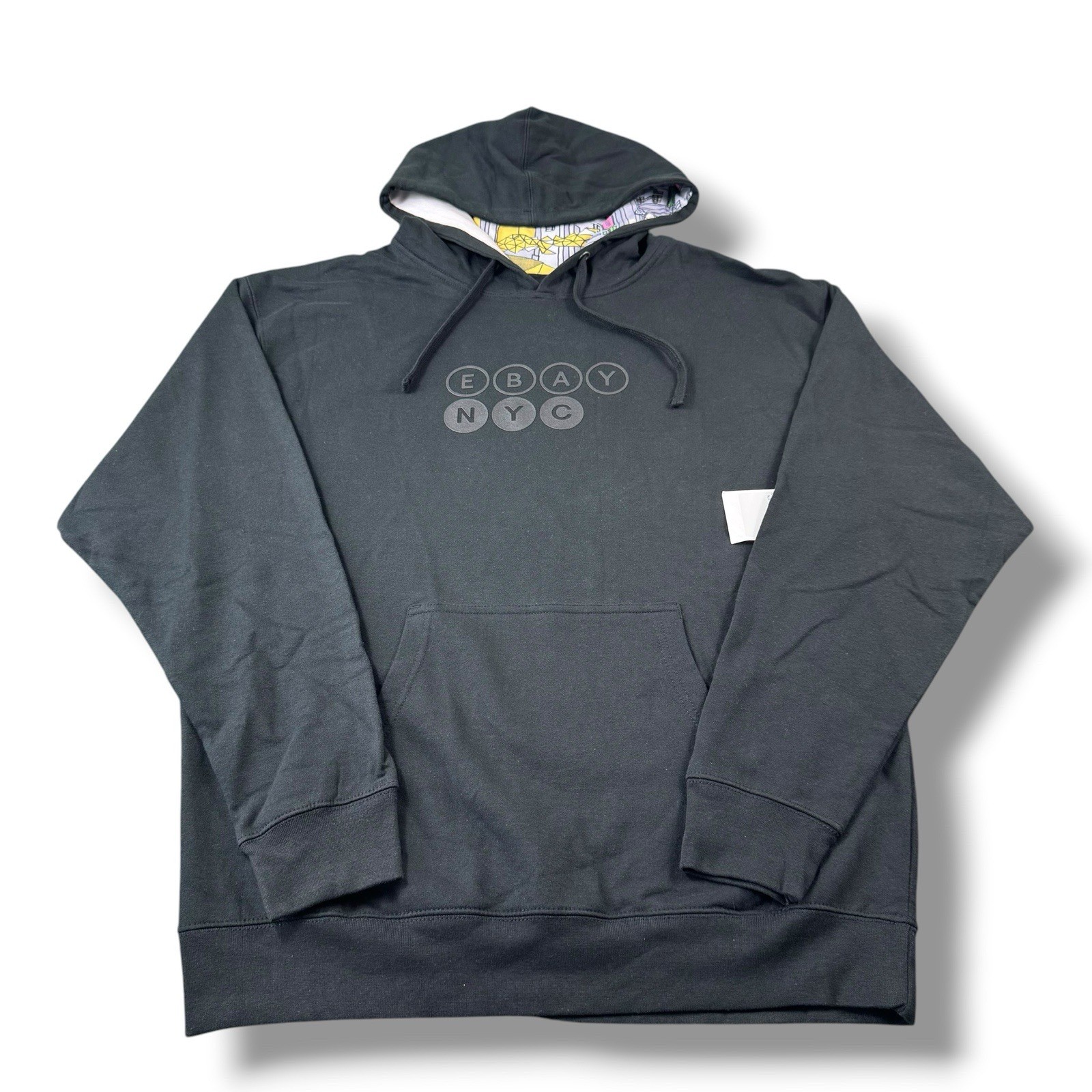 NWT EBAY NYC New York City Black Graphic Lined Hood Pullover Hoodie Sz Large