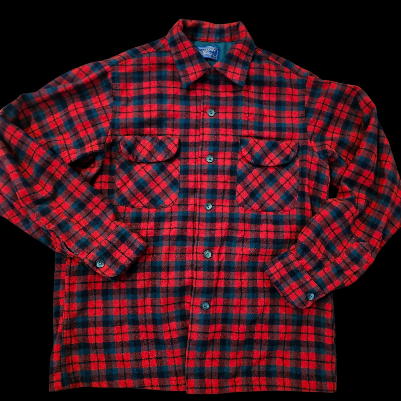 VTG Pendleton Board Shirt Wool Christmas Plaid Red Green Sz M Repaired 1960s