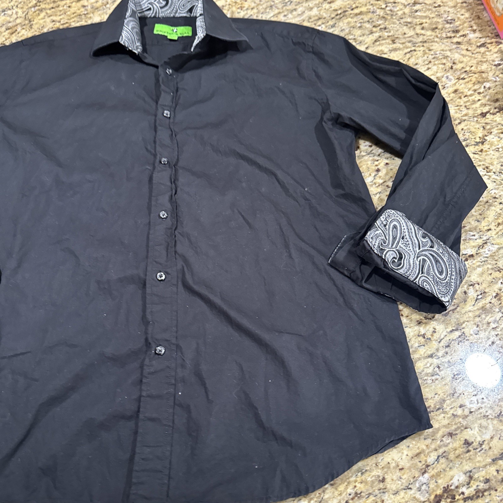 Bristol & Bull Shirt Men’s (L)Black With Check Silver Paisley Flip Cuff L/sleeve