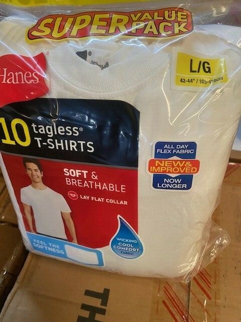 Hanes Super Value Pack 10 Tagless T shirts White Large (NEW) BUY MORE & SAVE!!!