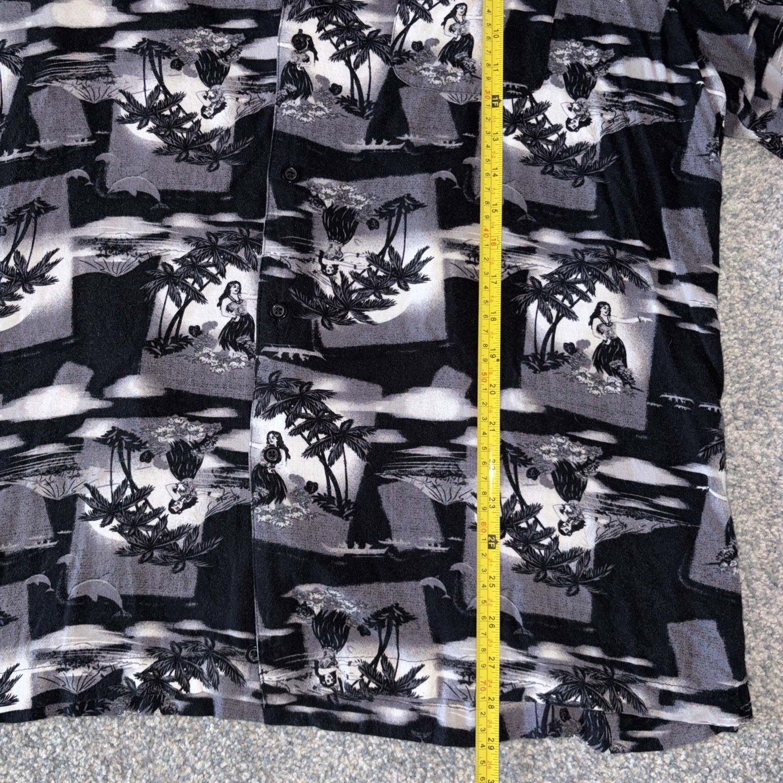 Puritan Mens XL Black White Hawaiian Shirt Hula Girl Palm Tree Aloha Camp