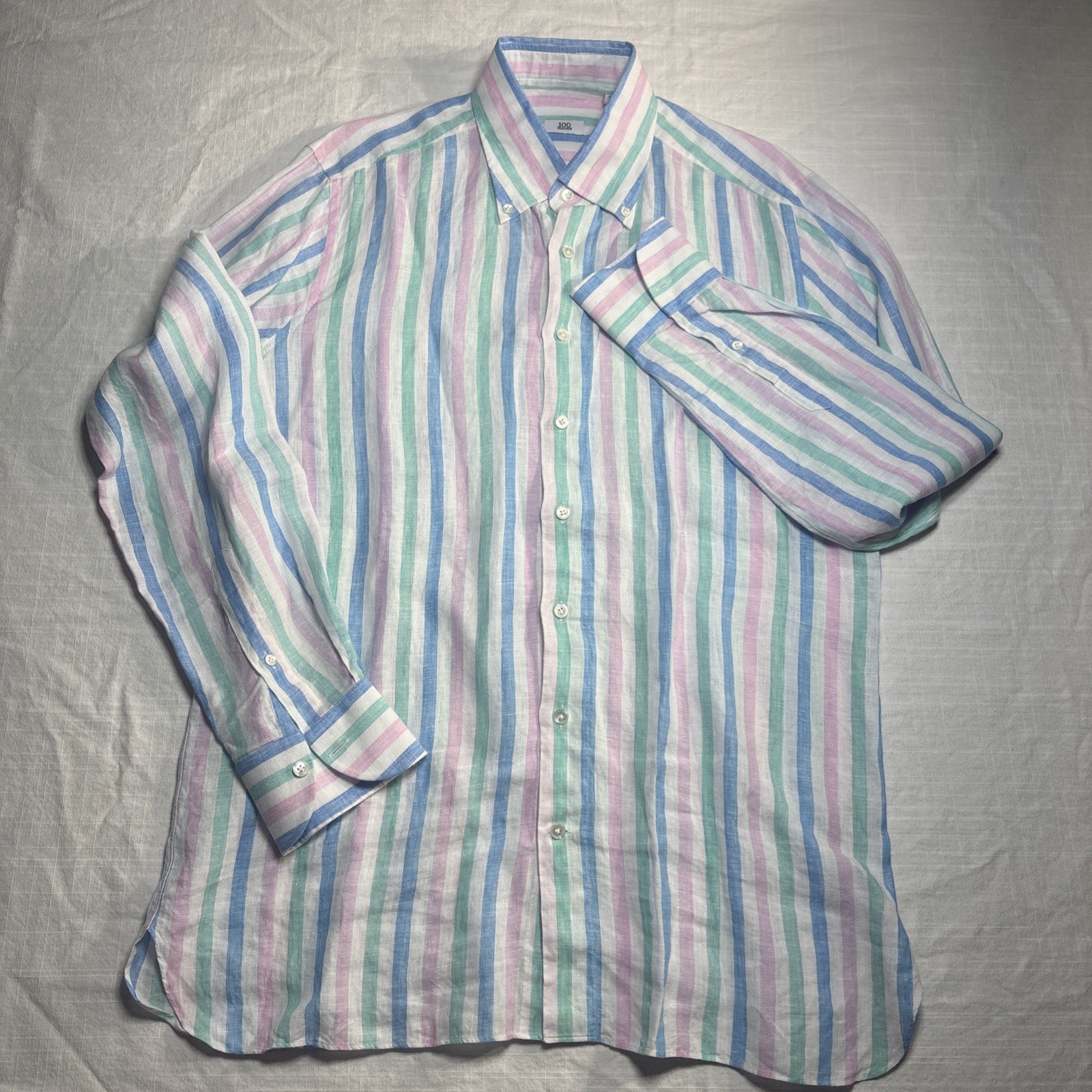 100 HANDS LINEN PASTEL STRIPE Men’s Shirt Button Up Blue Pink Green Size Small