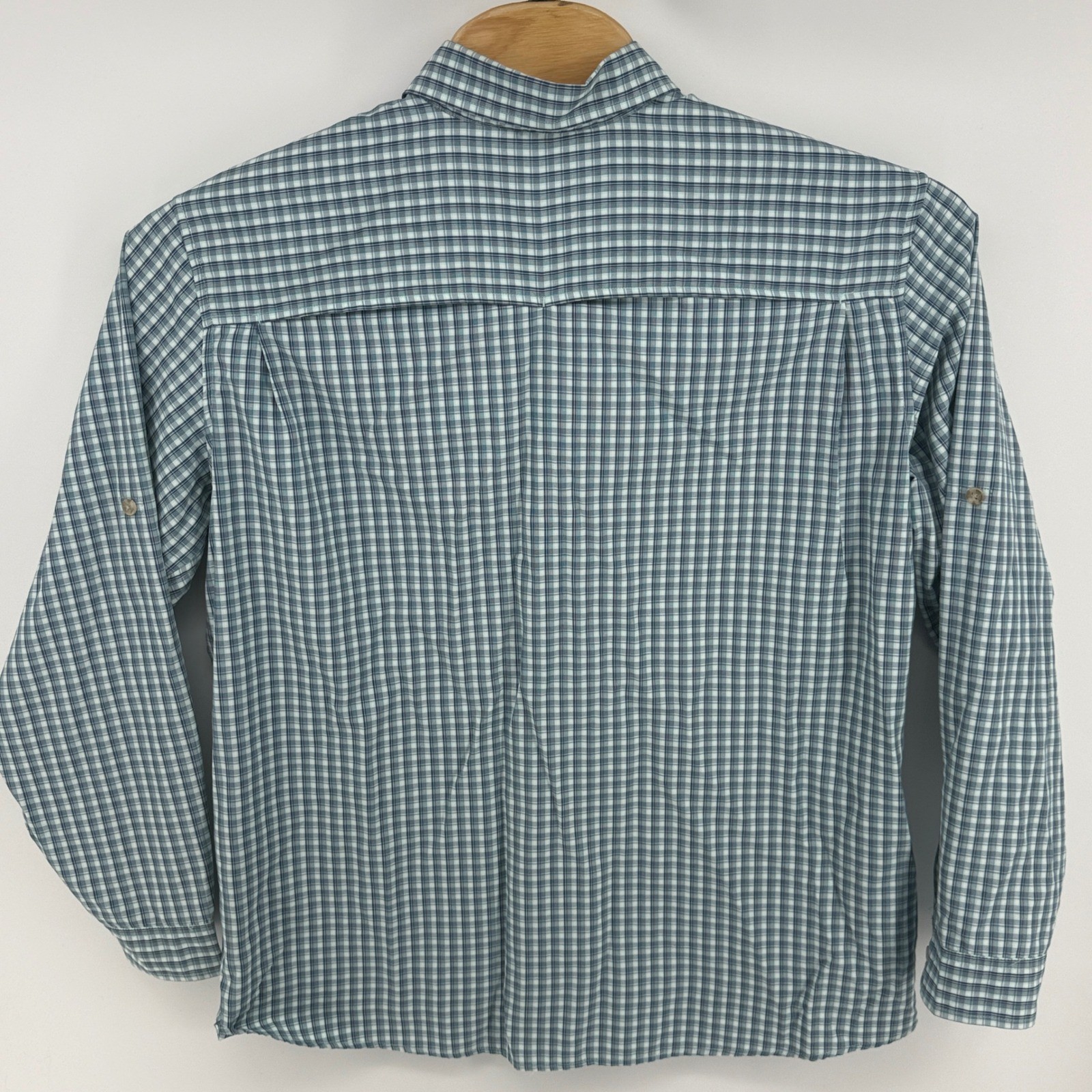 Eddie Bauer Travex Mens XL Plaid Button Hiking Shirt Blue Long Sleeve Roll Tab