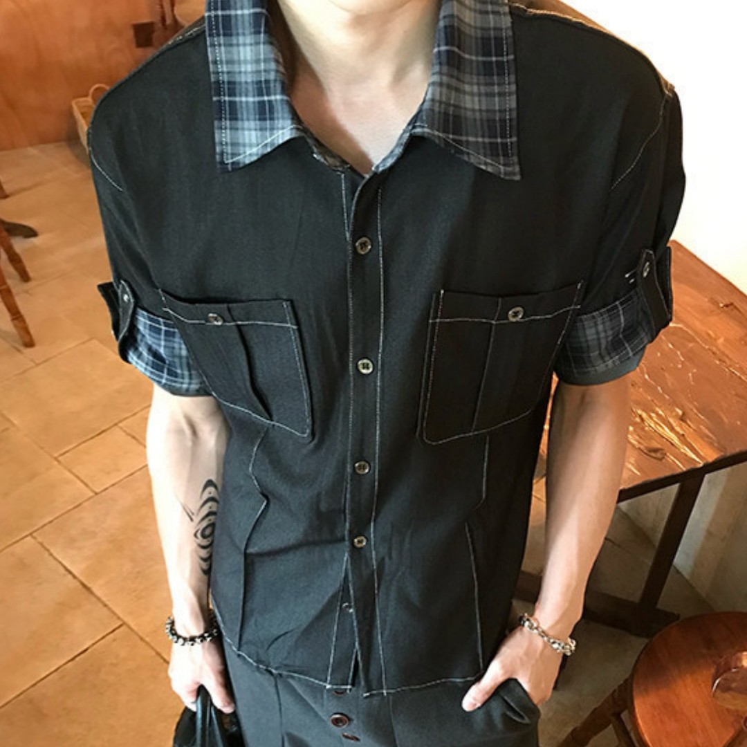 Men’s Plaid Patchwork Fake Two Piece Short Sleeve Slim Fit Shirt