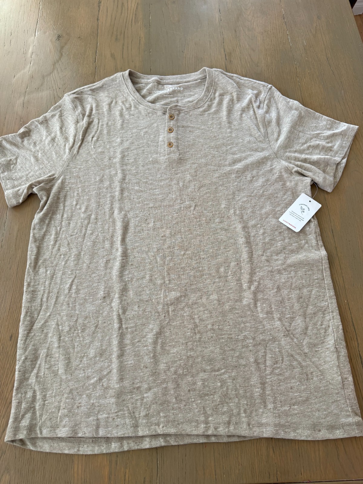 Lucky Brand Men’s Large Linen Blend Henley T Shirt Short Sleeve Oatmeal NWT