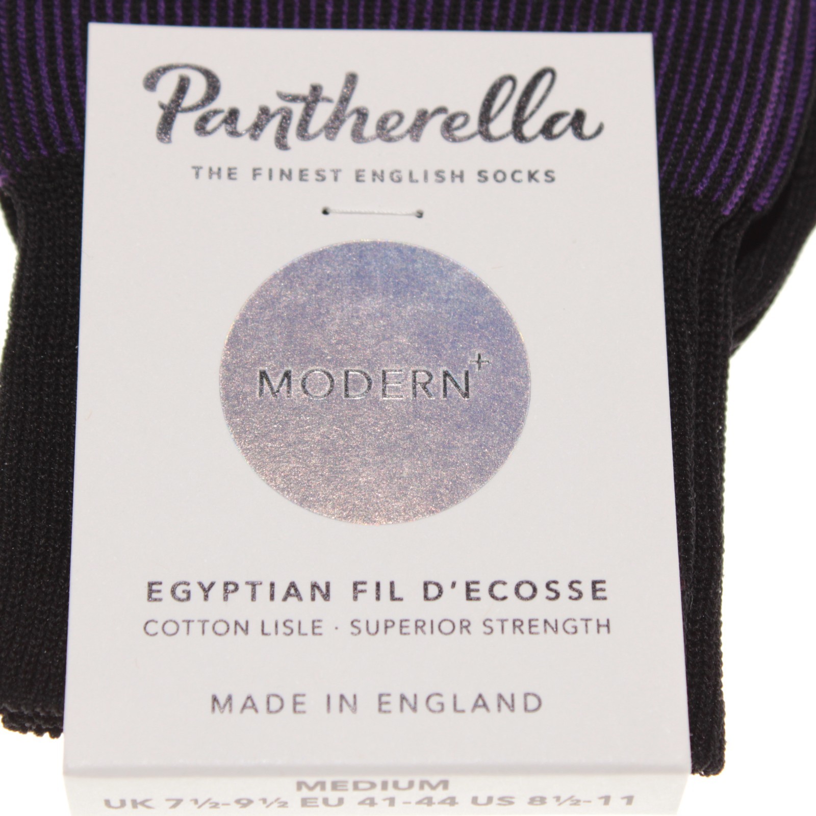 Pantherella NWT Santos Dress Socks Size M in Black & Purple Pinstripes Cotton