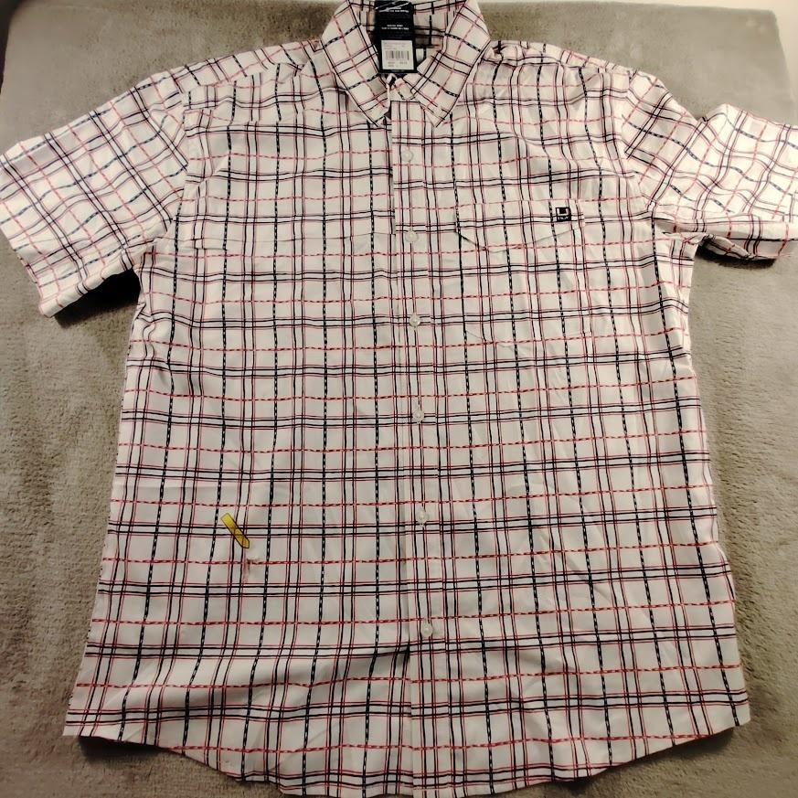 Huk Tide Point Printed Ss Shirt Mens L White Button Up Polyester Breathable