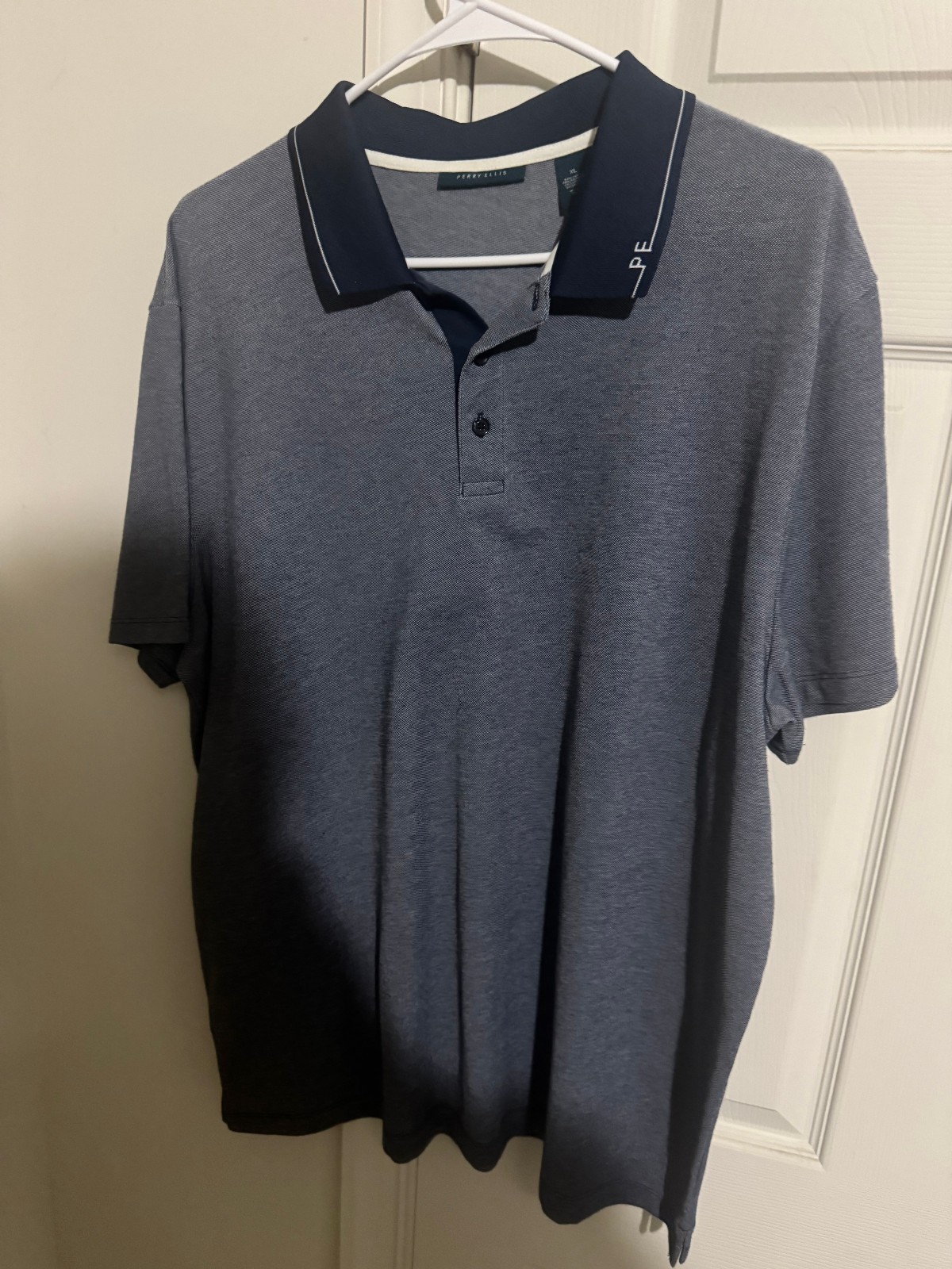 Perry Ellis Men’s Polo Shirt XL Blue Heather Navy Contrast Collar PE Logo