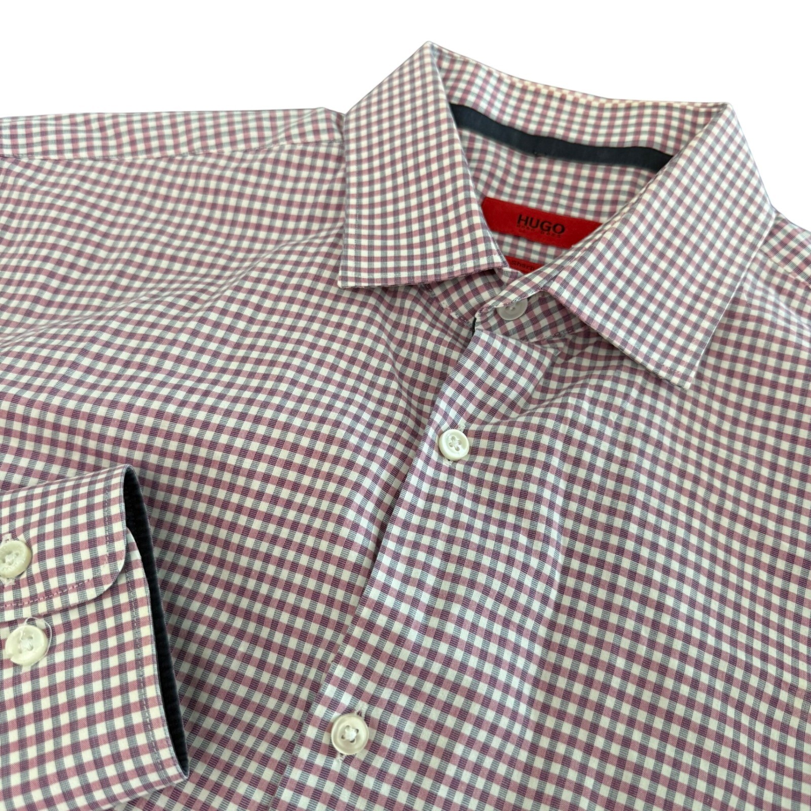Hugo Boss Sharp Fit Mens 15.5 32/33 Purple Gingham Check Dress Shirt Long Sleeve