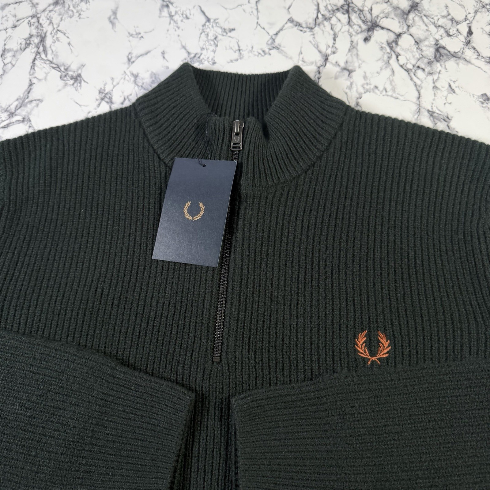 FRED PERRY Mens Night Green Textured Half Zip Wool Jumper SIZE LARGE K6540 BNWT