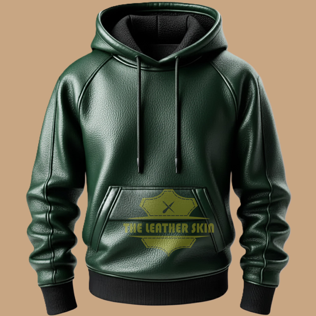Men’s Green Real Premium Leather Hoodie Handmade Genuine Lambskin Leather Hoodie