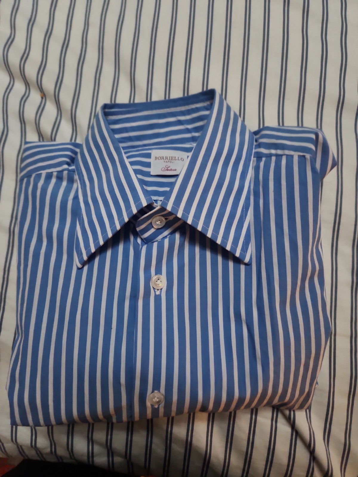 Borriello Sky Blue Stripe Poplin Long Point Collar Shirt 16/41 Made in Naples