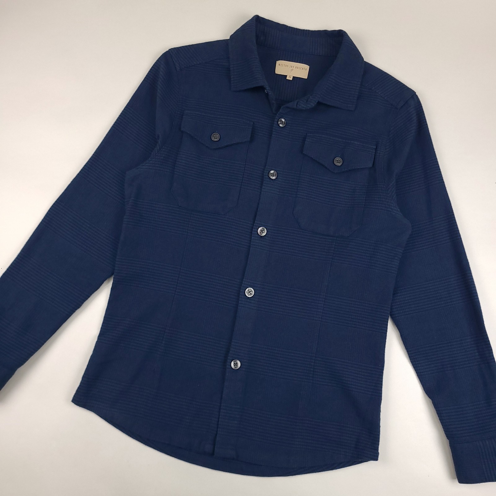 Weston Jon Boucher Mens Small Blue Plaid Long Sleeve Button Up Cotton Lycra