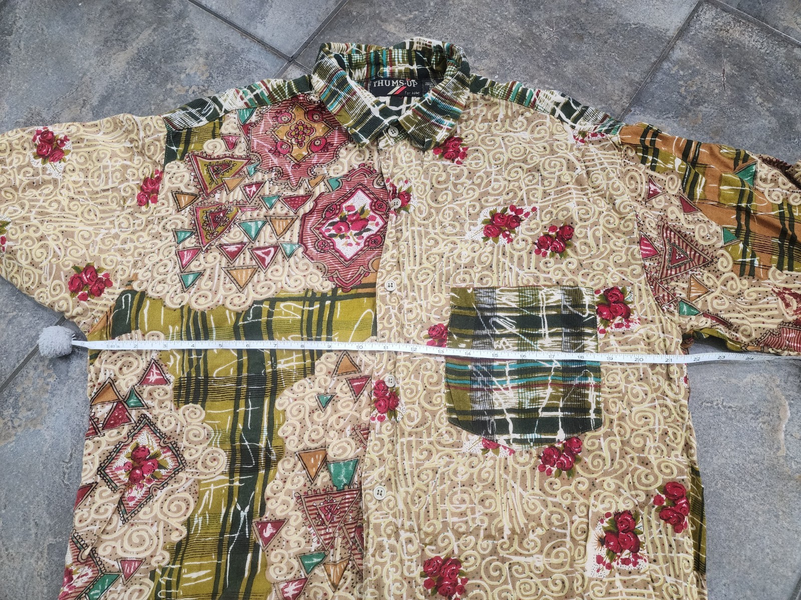 Vintage 90s Thums-Up Men’s Medium Abstract Art Geometric Boho Button Up Shirt