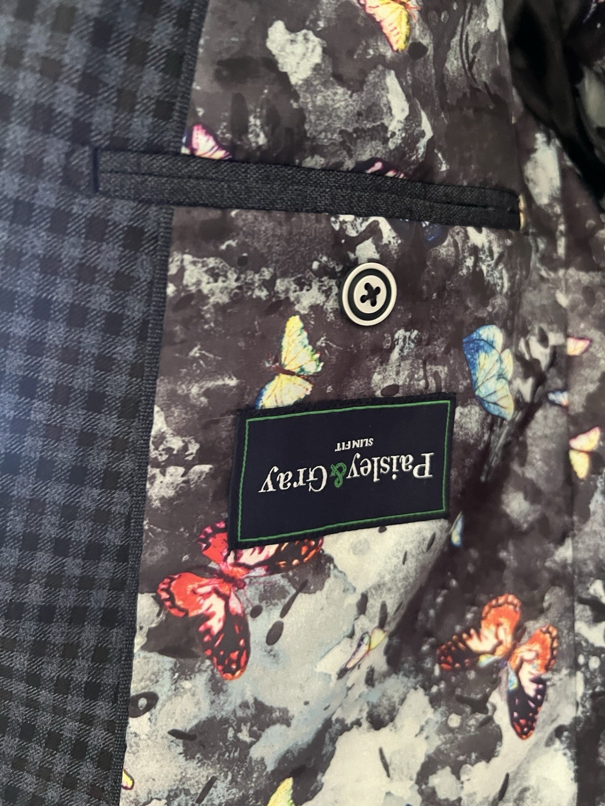 Paisley and Gray Blazer Jacket With Matching Handkerchief And Liner 36R Check