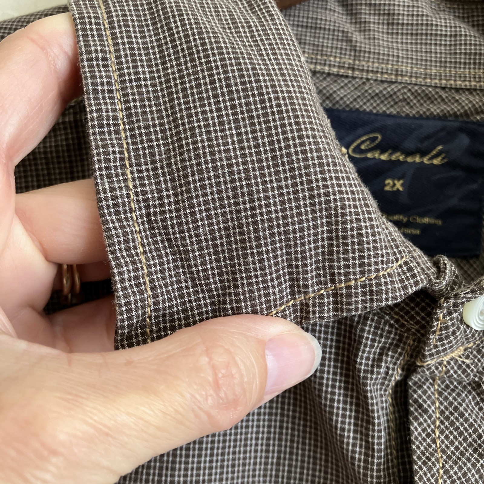 Mens 2X Shirt Brown Micro Plaid Button Up Long Sleeve Cotton Business Casual
