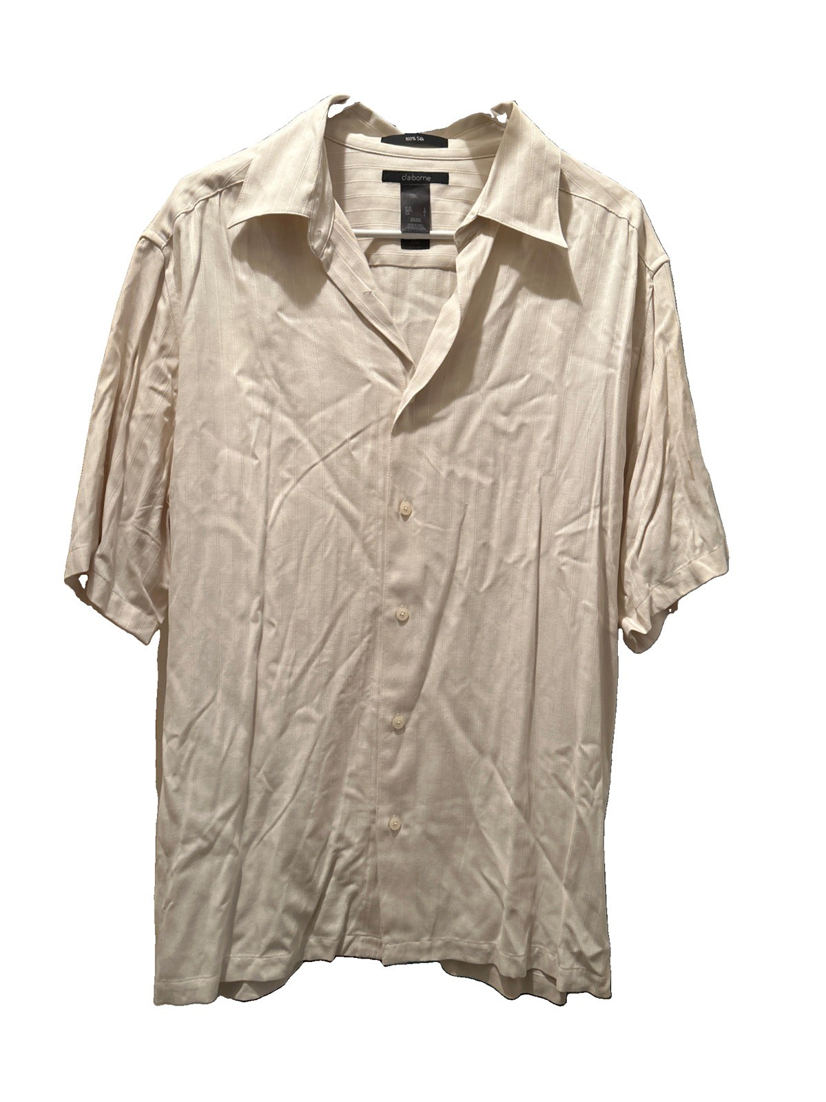 Vintage Claiborne 100% Silk Shirt Mens L Beige Tan Plaid Button Up Short Sleeve