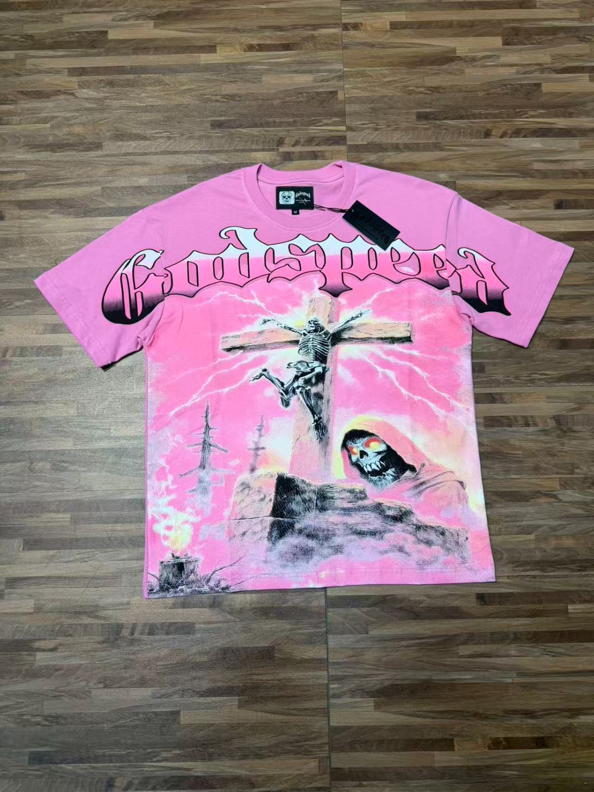 26/SS Mens NEW Godspeed Pink Skull Cross print Cotton Short sleeved T-shirt